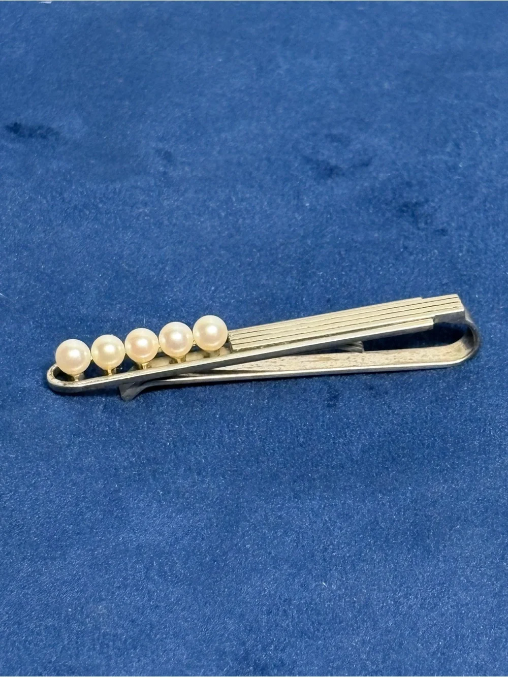 RARE Vintage K. Mikimoto Tokyo Silver Tie Clip 5 Akoya Pearls MCM Signed